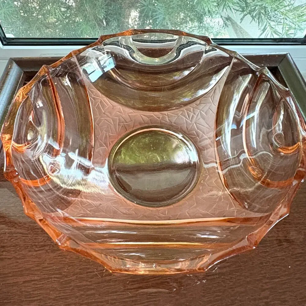 Vintage Pink Pressed Glass Bowl Made in Poland Art Deco Scalloped Edge